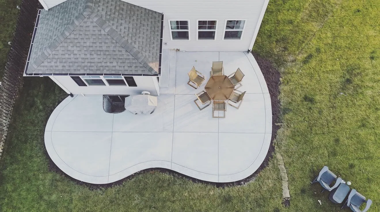 Freeform concrete patio aerial view in Will County IL by ZBL Concrete