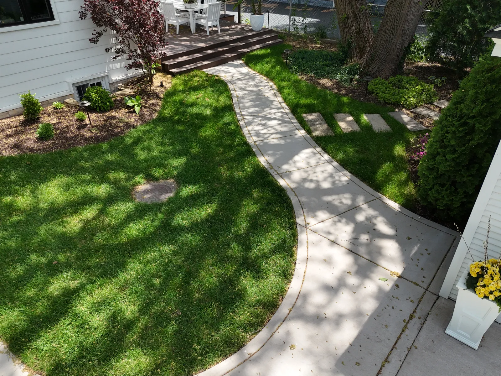 Curved concrete walkway through landscaped backyard